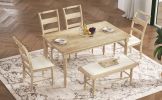 TOPMAX 6-peice Dining Set with Turned Legs, Kitchen Table Set with Upholstered Dining Chairs and Bench,Retro Style, Natural