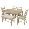 TOPMAX 6-peice Dining Set with Turned Legs, Kitchen Table Set with Upholstered Dining Chairs and Bench,Retro Style, Natural