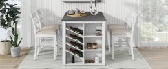 TOPMAX Counter Height 5-piece Solid Wood Dining Table Set, 59*35.4Inch Table with Wine Rack and 4 Upholstered Chairs, White