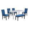 TREXM 6-Piece Dining Table Set with Marble Veneer Table and 4 Flannelette Upholstered Dining Chairs & Bench (White+Blue)