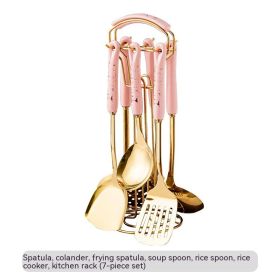 Light Luxury Kitchenware Cooking Seven-piece Ceramic Handle Stainless Steel Kitchen Supplies (Color: pink)