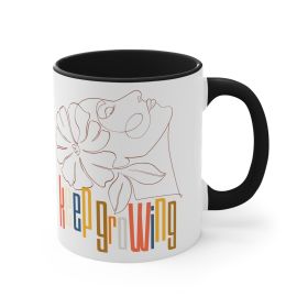 Accent Ceramic Mug 11oz - Say It Soul - Keep Growing In Pastel Colors, Spring Inspiration, Floral Line Art, Woman Line Art, (Color: Black)